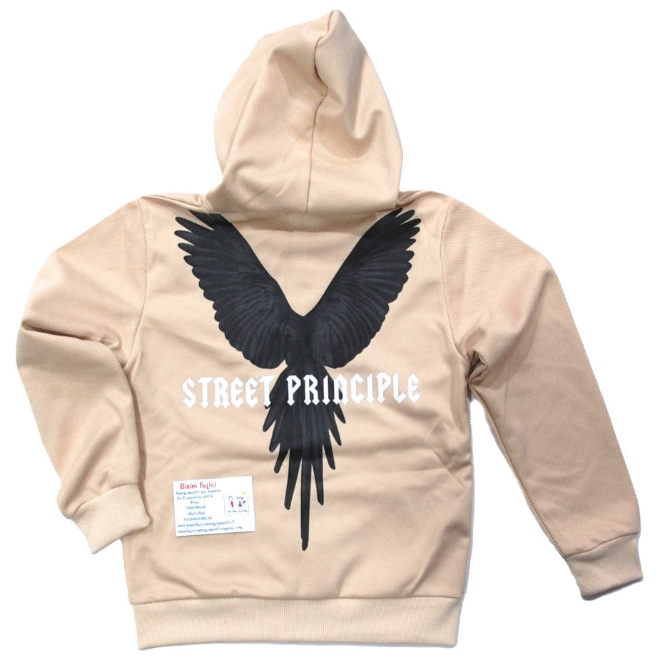 Retro della felpa beige con disegno di aquila di spalle e scritta "Street principle"