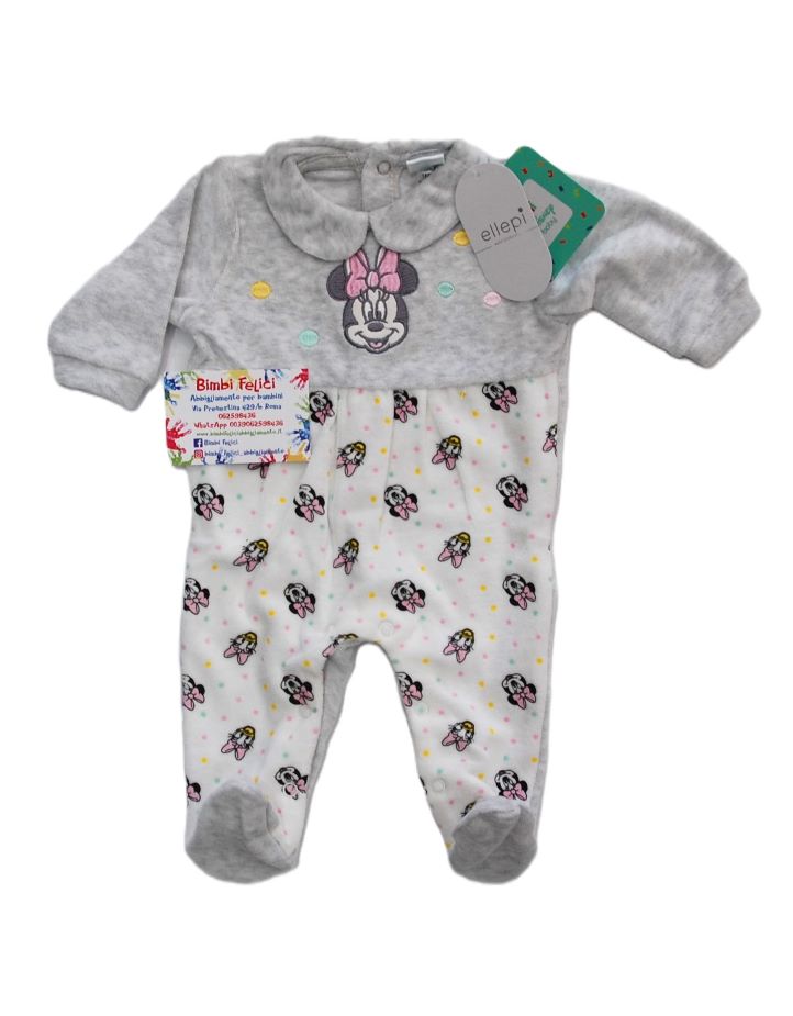 Tutina in ciniglia sopra grigia con Minnie e pois colorati e sotto panna con faccette di Minnie e Paperina