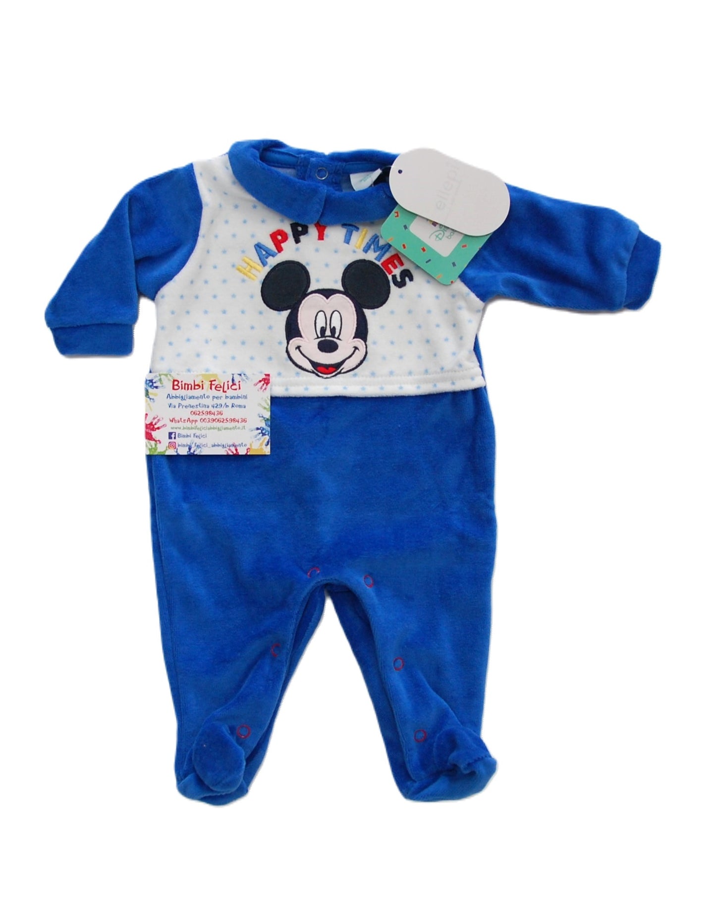 Tutina in ciniglia da neonato bluette con faccia di Mickey Mouse e scritta "Happy Times" su fondo panna a pois celesti.