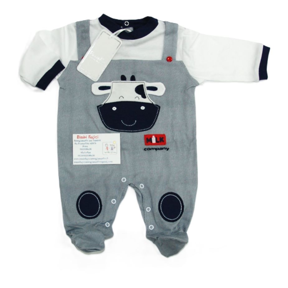 Tutina neonato in cotone leggero bianca e blu finta salopette con viso di mucca disegnata sul davanti.