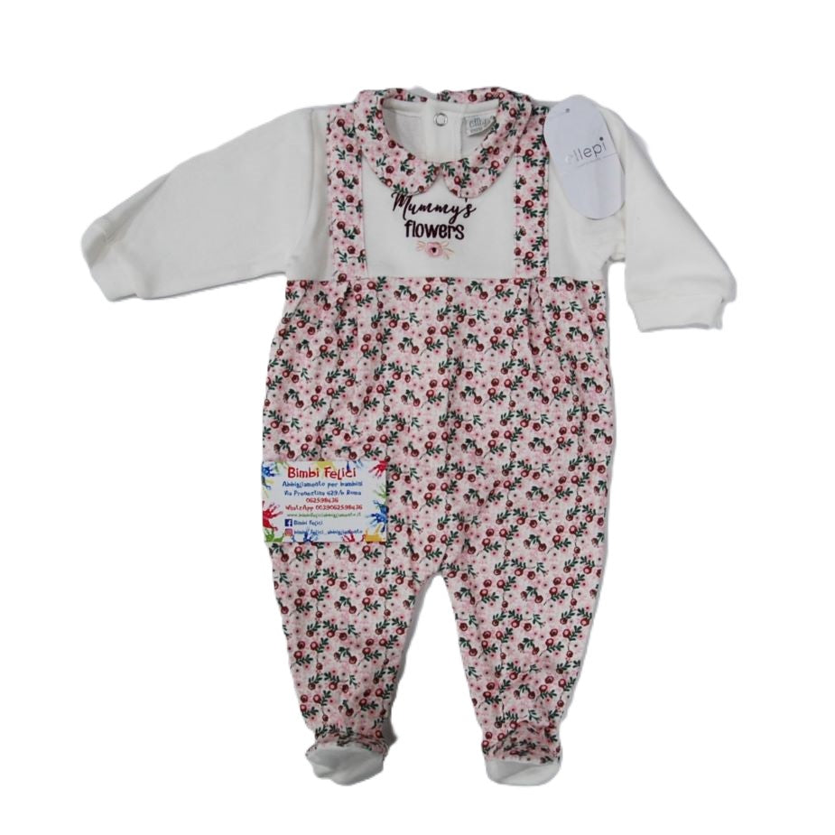 Tutina da neonata in caldo cotone panna con finta scamiciata a fiorellini rossi su fondo rosa e scritta "Mummy's flowers"