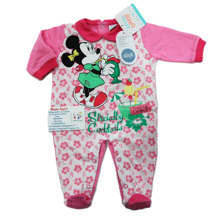 Tutina in cotone leggero da neonata Disney con Minnie che sorseggia un cocktail su fondo bianco a fiori rosa.