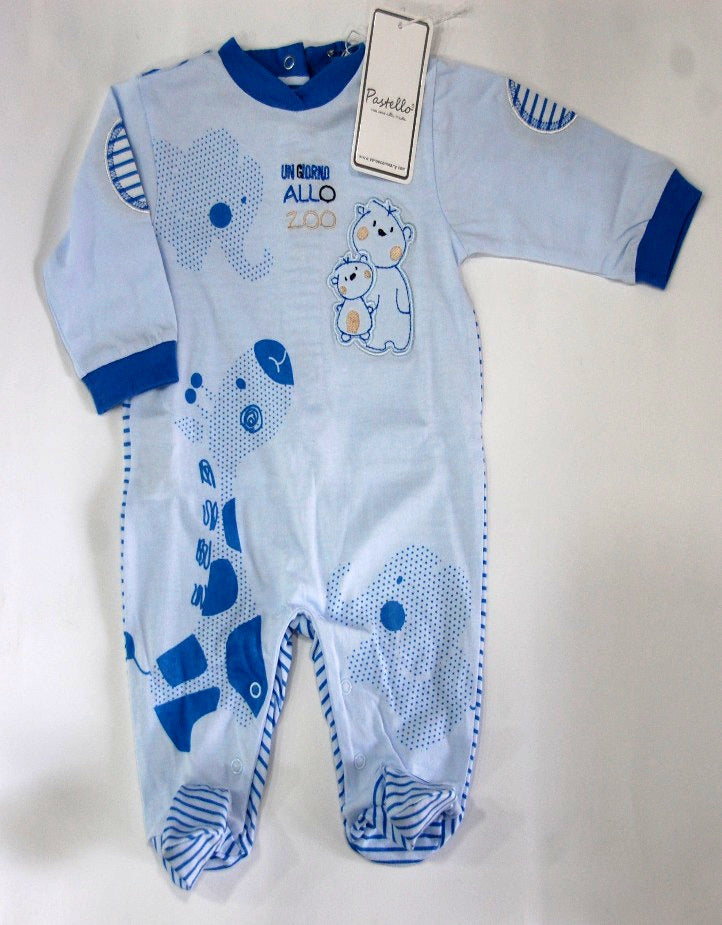 Tutina neonato in 100% cotone leggero celeste con disegni di animali e scritta "un giorno allo zoo".