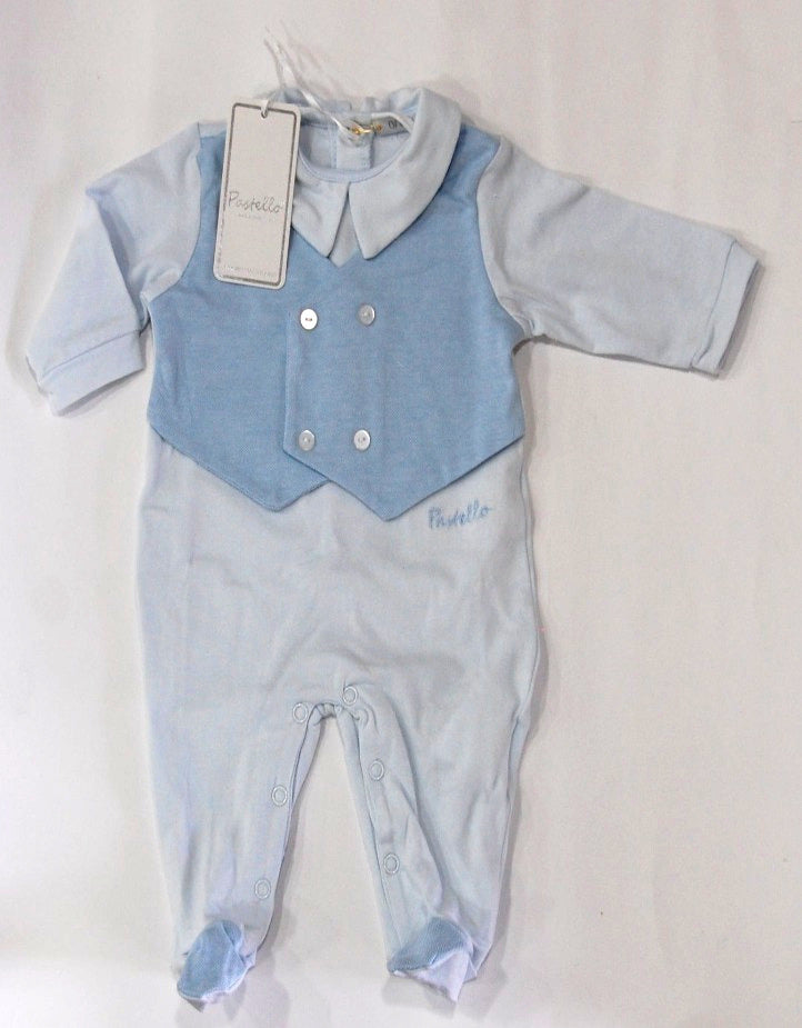 Tutina neonato in cotone leggero celeste con finto gilet