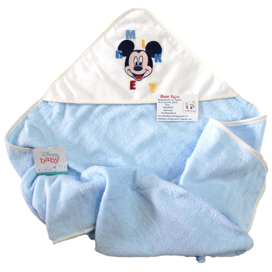 Accappatoio da neonato triangolo celeste con Mickey Mouse ricamato sul cappuccio.