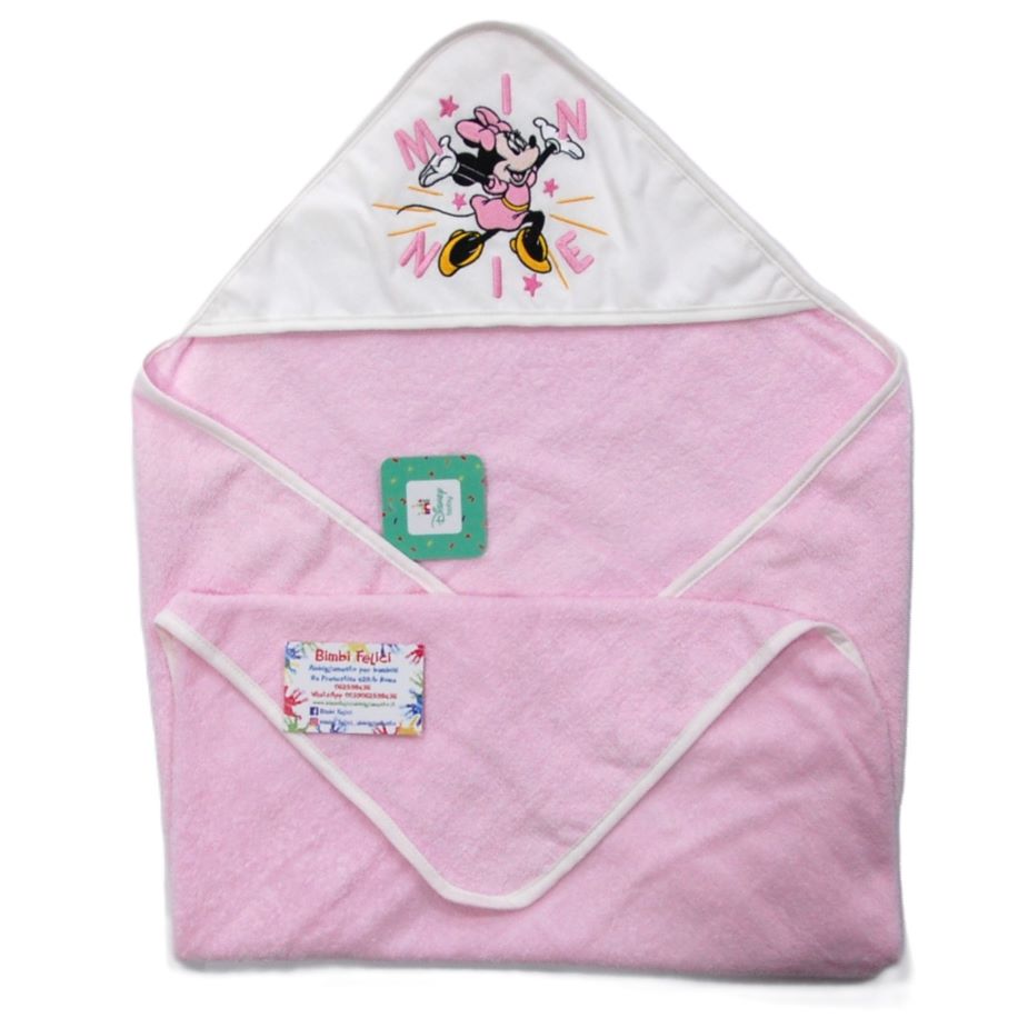 Accappatoio da neonato triangolo rosa con Minnie ricamato sul cappuccio.