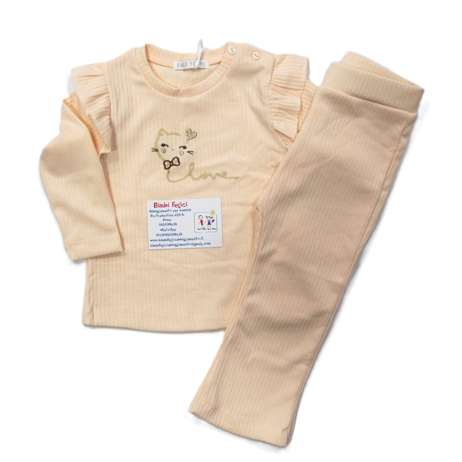 Completo baby femmina beige a costine con scritta "Love".