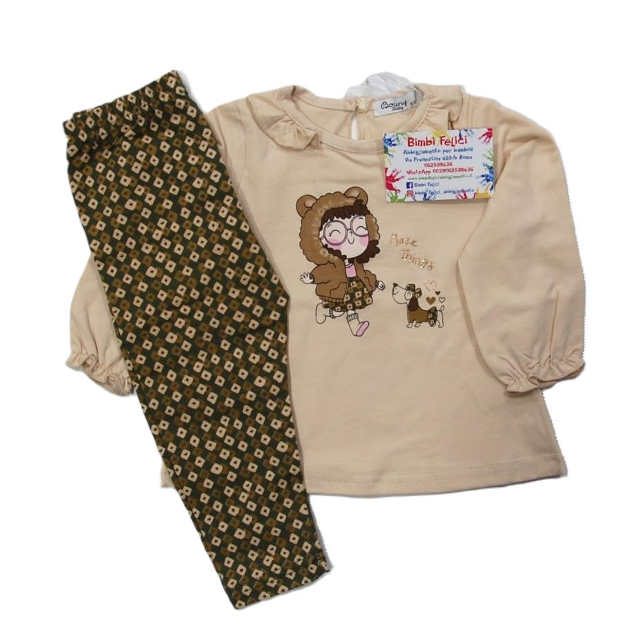 Competo baby da femmina composto da miniabito beige con bambina in pelliccetta con il cagnolino e leggings a rombetti bige e marrone