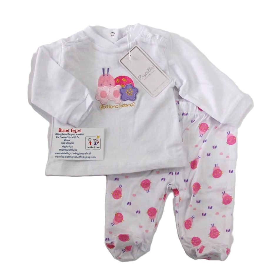 Completo clinica neonata in cotone leggero composto da coprifasce bianco con coccinella e scritta "giochiamo insieme" e ghettina bianca.