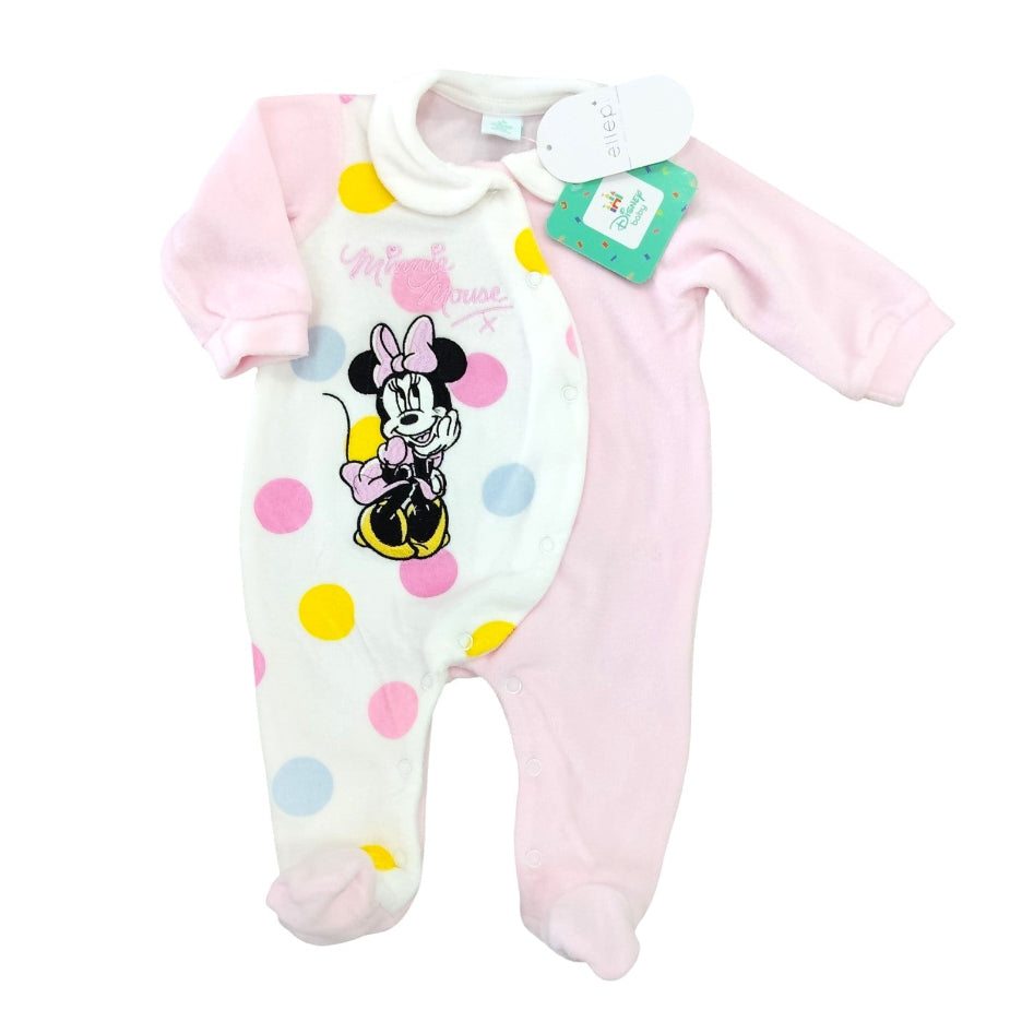 utina da neonata in ciniglia rosa confetto e bianca a grandi pois colorati firmata Disney by Ellepi, con ricamo di Minnie Mouse, fotografata su sfondo bianco.