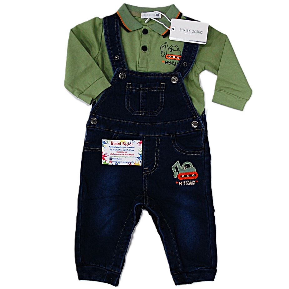 Completo baby da maschio composto da polo in caldo cotone verde e salopette denim felpata