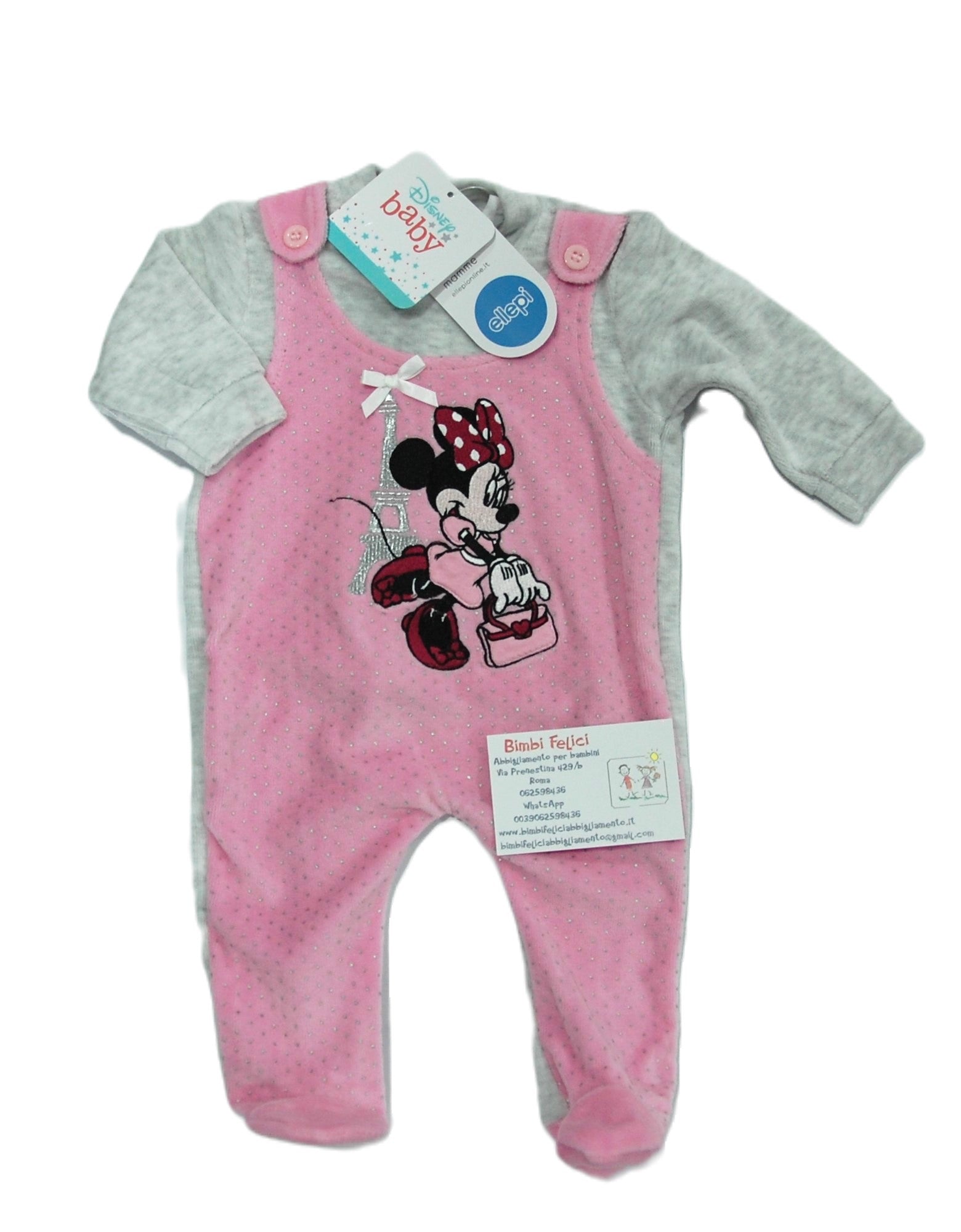 Tutina in ciniglia neonata finta salopette con Minnie e Torre Eiffel su fondo rosa 