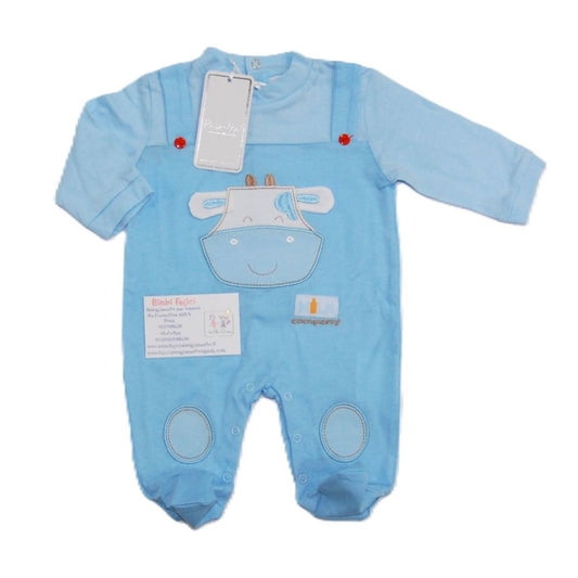 Tutina neonato in cotone leggero bianca e blu finta salopette con viso di mucca disegnata sul davanti.