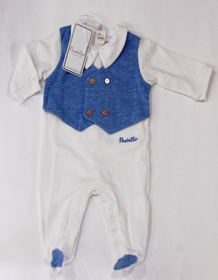 Tutina neonato cotone leggero bianca con finto gilet color cobalto