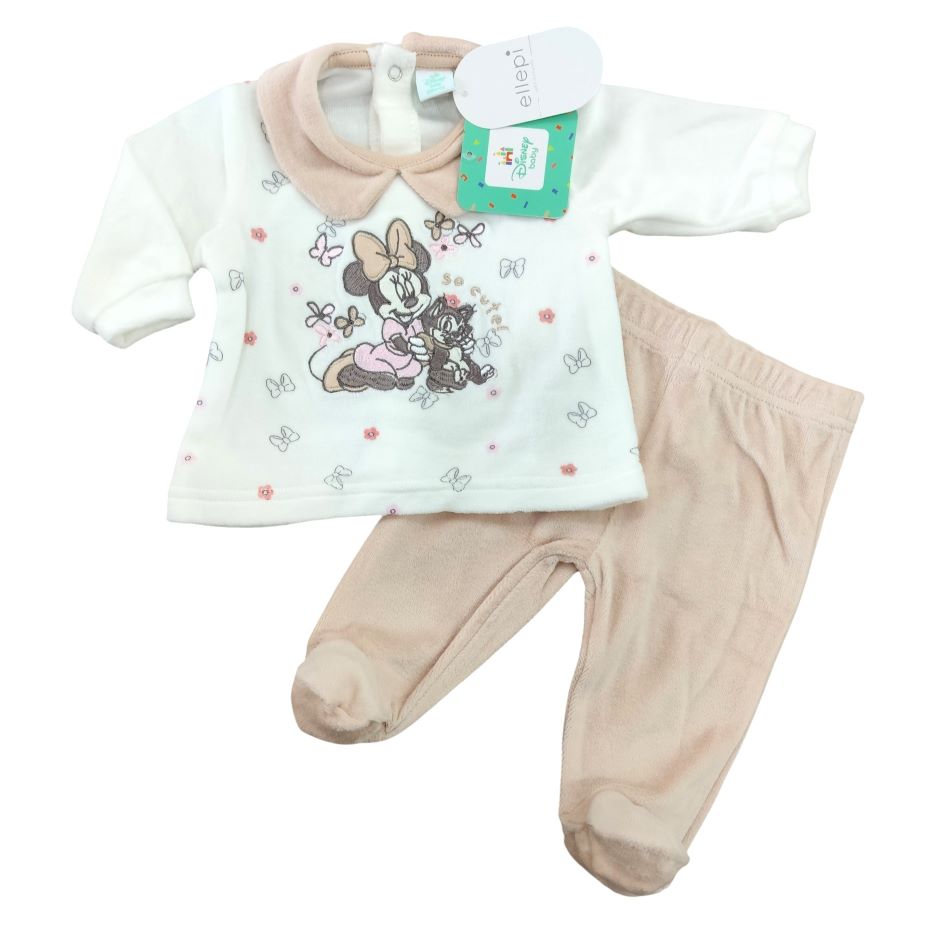 Completino clinica da neonata in ciniglia bianco panna e pesca firmato Disney by Ellepi, con coprifasce stampato Minnie e Figaro e ghettina abbinata su sfondo bianco.