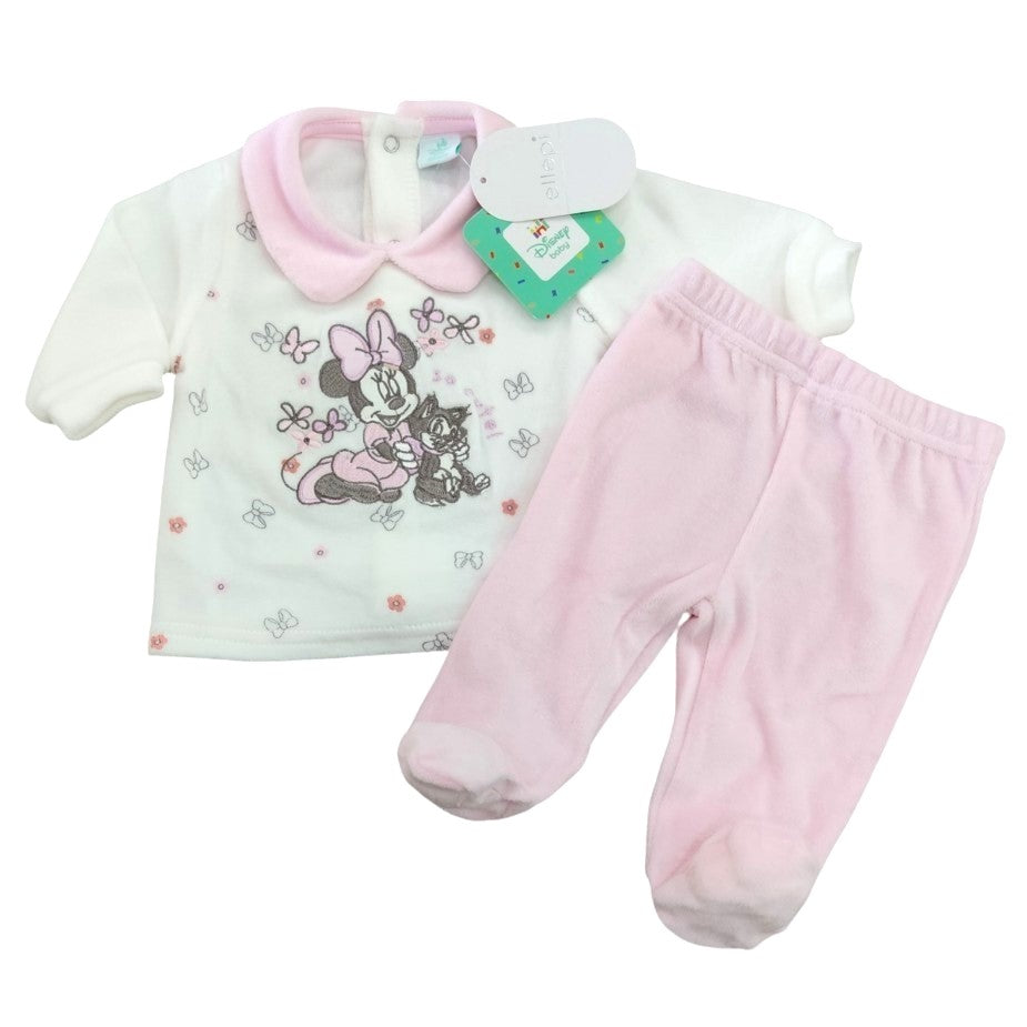 Completino clinica da neonata in ciniglia bianco panna e rosa confetto firmato Disney by Ellepi, con coprifasce stampato Minnie e Figaro e ghettina abbinata su sfondo bianco.