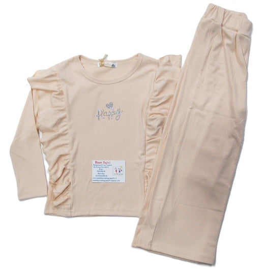 Completo da bambina beige misto cotone a costine con scritta "Happy" di strass.