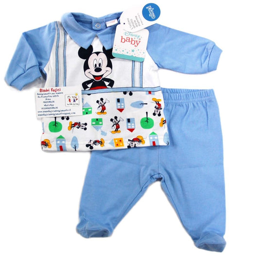 Completo clinica in cotone leggero composto da coprifasce bianco con Mickey Mouse, maniche, colletto e ghettine celesti.