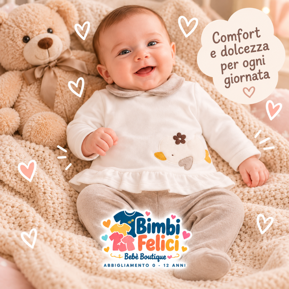 Fotografia promozionale per Bimbi Felici: una neonata sorridente e sveglia indossa il completo clinica in ciniglia panna e tortora con applicazione paperella, adagiata su una coperta lavorata a maglia accanto a un grande orsetto di peluche, arricchita da grafiche con cuoricini, il logo dello store e il fumetto con la scritta "Comfort e dolcezza per ogni giornata".