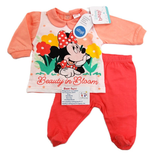 Completo clinica da neonata in cotone leggero composto da coprifasce bianco con maniche e colletto color pesca con Minnie tra fiori e scritta "Beauty in bloom" e ghettina arancio.