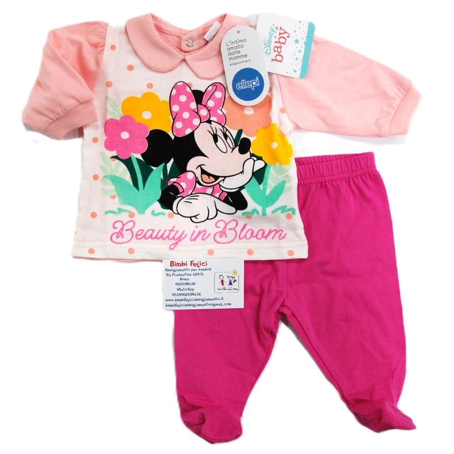 Completo clinica da neonata in cotone leggero composto da coprifasce bianco con maniche e colletto rosa con Minnie tra fiori e scritta "Beauty in bloom" e ghettina fuxia.