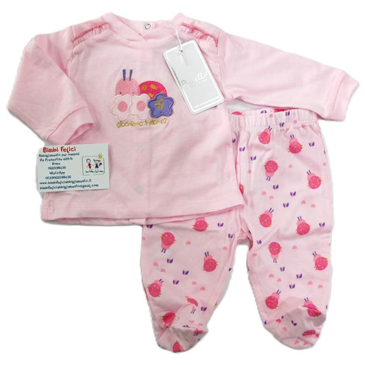 Completo clinica neonata in cotone leggero composto da coprifasce rosa con coccinella e scritta "giochiamo insieme" e ghettina rosa.