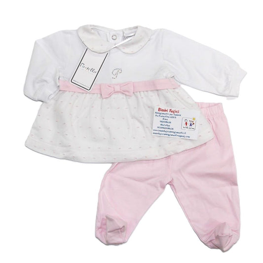Completo clinica neonata in cotone leggero, coprifasce sopra bianco e sotto bianco a puntini rosa con fascia e fiocco rosa, ghettina rosa.