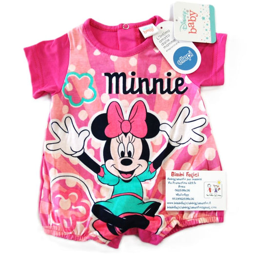 Pagliaccetto Disney da neonata con Minnie raffigurata su fondo rosa, maniche e colletto fuxia e scritta "Minnie" nera. 