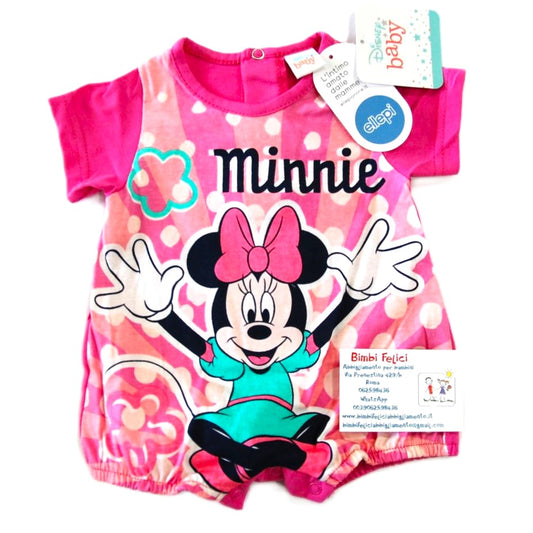 Pagliaccetto estivo a maniche corte da neonata in cotone fucsia distribuito da Ellepi Disney Baby, con grande stampa frontale di Minnie sorridente e dettagli floreali, disposto su sfondo bianco.