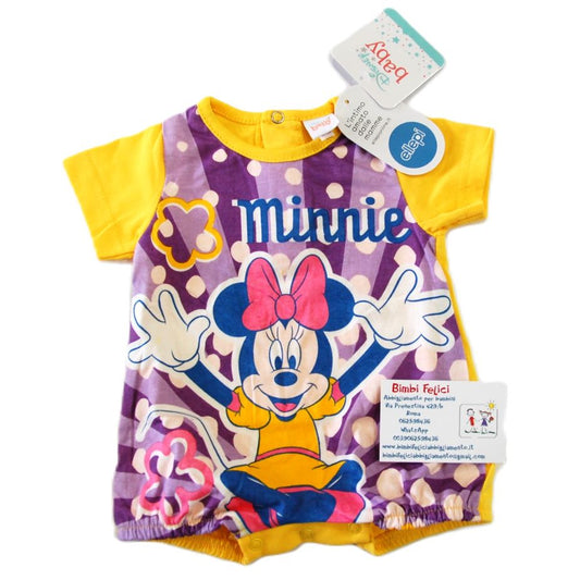 Pagliaccetto Disney da neonata con Minnie raffigurata su fondo viola, maniche e colletto gialli e scritta "Minnie" azzurra.